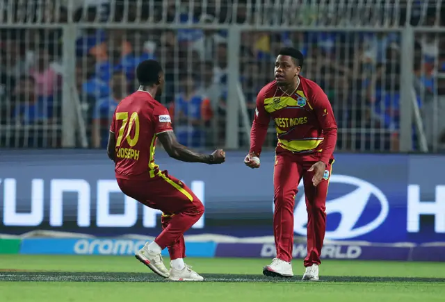 Shimron Hetmyer of West Indies celebrates after taking a catch to dismiss Abhishek Sharma of India during the ICC Men's T20 World Cup India & Sri Lanka 2026 Super 8 match between India and West Indies at Eden Gardens