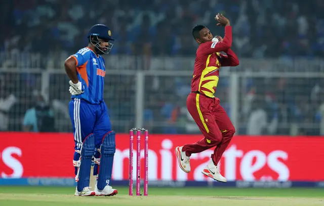 Akeal Hosein of West Indies in bowling action during the ICC Men's T20 World Cup India & Sri Lanka 2026 Super 8 match between India and West Indies at Eden Gardens
