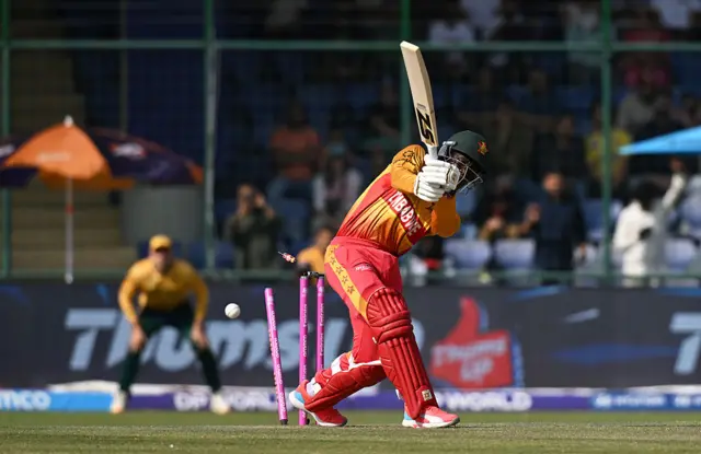 Tadiwanashe Marumani of Zimbabwe is bowled by Kwena Maphaka of South Africa during the ICC Men's T20 World Cup India & Sri Lanka 2026 Super 8 match between Zimbabwe and South Africa at Arun Jaitley Stadium