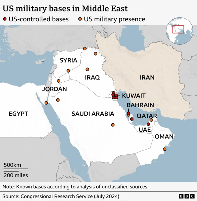 Map showing US military bases in the Middle East. Red dots indicate US-controlled bases, while orange dots represent locations with a US military presence. Bases are marked in Egypt, Jordan, Syria, Iraq, Saudi Arabia, Kuwait, Bahrain, Qatar, the UAE and Oman. Iran is highlighted in beige for reference.