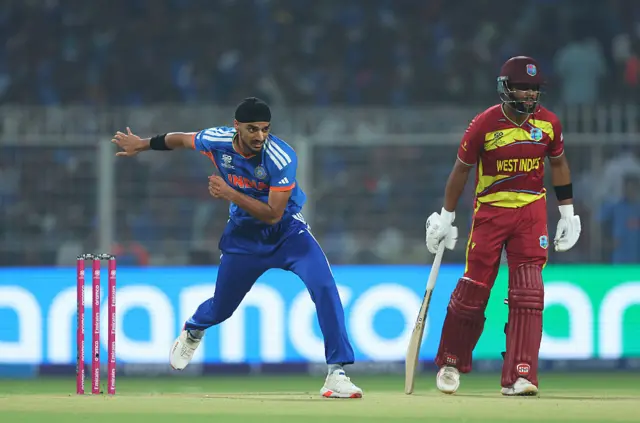 Arshdeep Singh of India in bowling action during the ICC Men's T20 World Cup India & Sri Lanka 2026 Super 8 match between India and West Indies at Eden Gardens