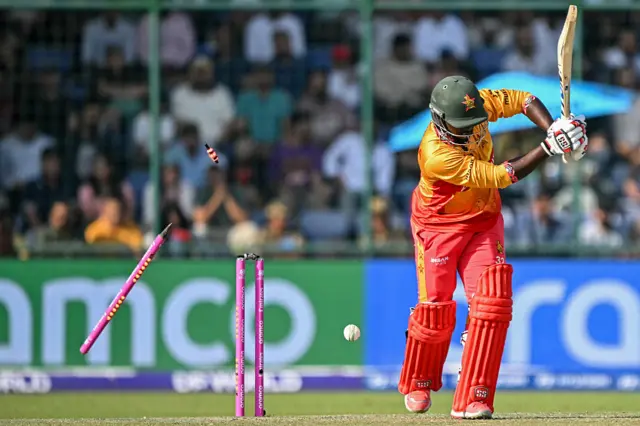Zimbabwe's Tony Munyonga is clean bowled by South Africa's Corbin Bosch during the 2026 ICC Men's T20 Cricket World Cup Super Eights match between Zimbabwe and South Africa at the Arun Jaitley Stadium in New Delhi