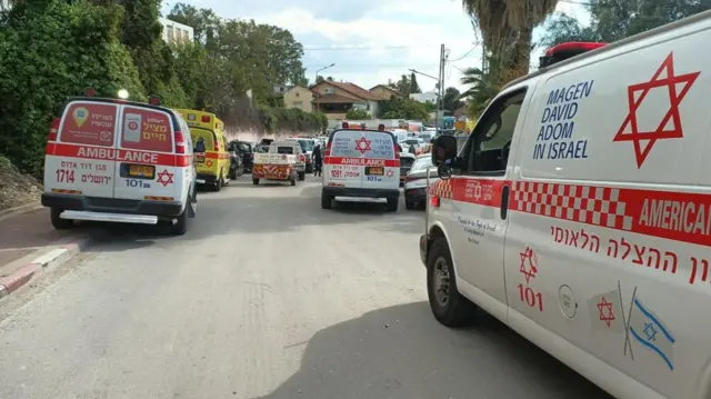 Ambulances parked on a street in Beit Shemesh, Israel