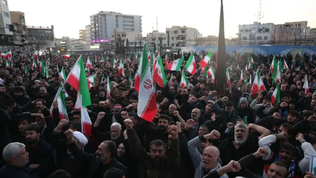 Mourners react following the death of Iranian Supreme Leader Ayatollah Ali Khamenei; at Enqelab Square in Tehran