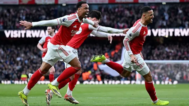 William Saliba of Arsenal celebrates