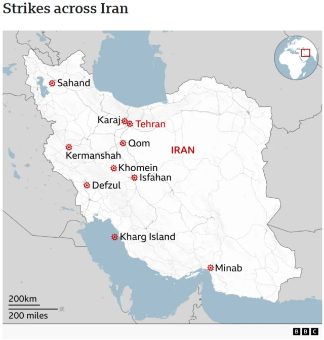 Map of Iran showing where the US and Israel have struck