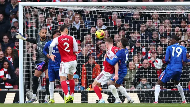 William Saliba of Arsenal scores the opening goal