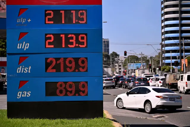 sign outside a fuel station in Melbourne on 10 March shows the soaring price of petrol and diesel prices due to the Middle East conflict