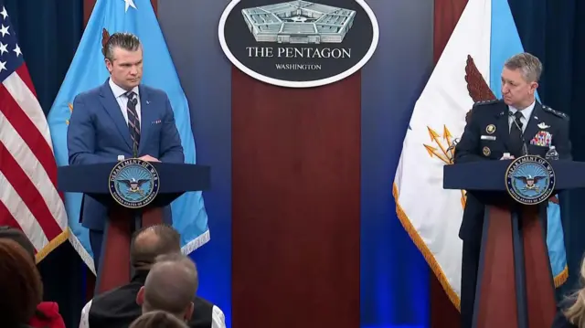 Pete Hegseth (left) and Gen. Dan Caine (right) at the Pentagon, each at podiums giving speeches on the US-Israeli war in Iran