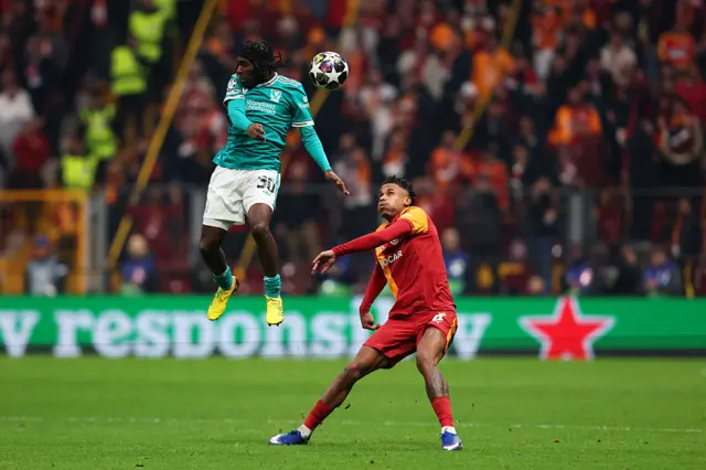 Jeremie Frimpong wins a header