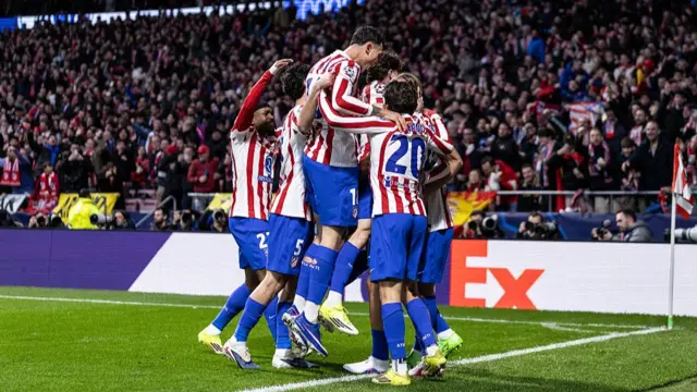 Marcos Llorente of Atletico de Madrid celebrates with team mates during the UEFA Champions League 2025/26 Round of 16 First Leg match between Atletico de Madrid and Tottenham Hotspur FC