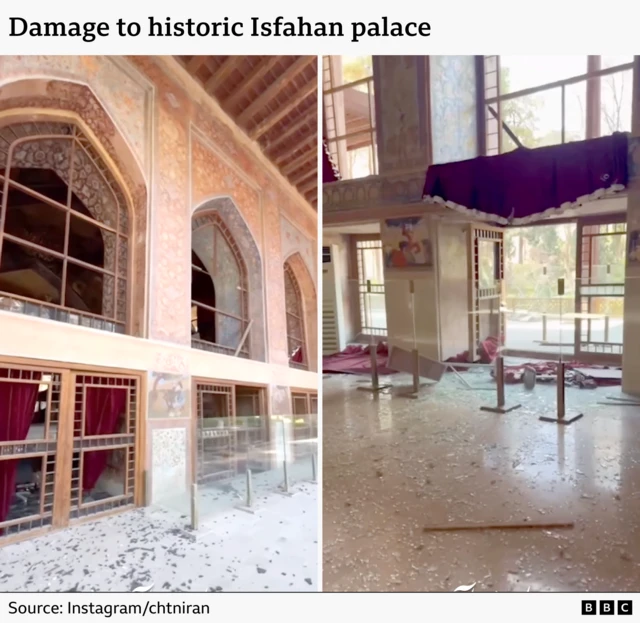 Two screemgrabs from the palace, with many shattered windows, broken glass on the ground and damaged woodwork