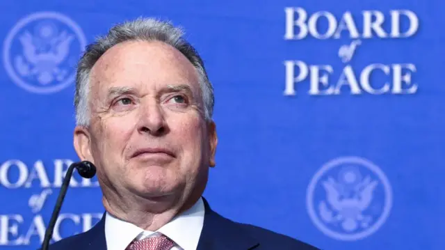 US Special Envoy Steve Witkoff listens as US President Donald Trump (not pictured) speaks at the inaugural Board of Peace meeting