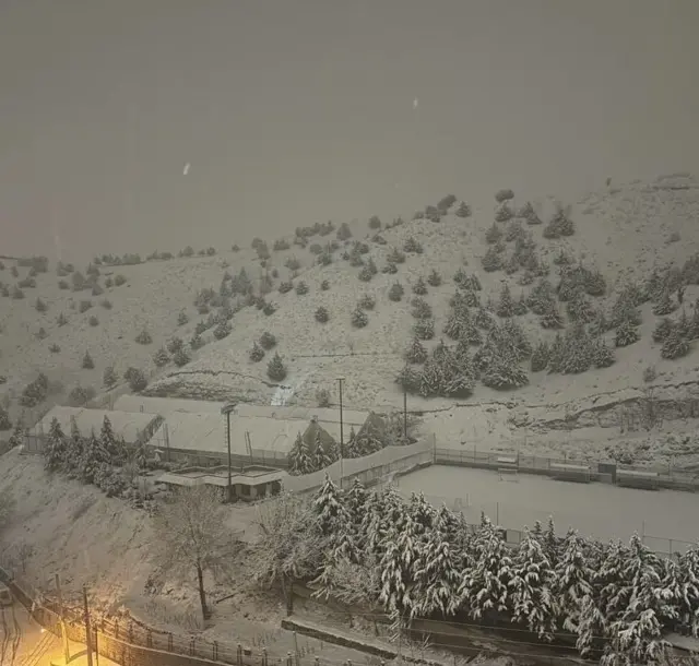 Snow covering a hillside and trees, with two buildings and a large pitch at the bottom of the hill