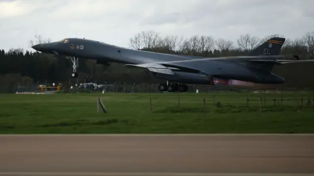 A US Air Force USAF B-1 Lancer bomber takes off at RAF Fairford in the Cotswolds, Britain, 10 March 2026