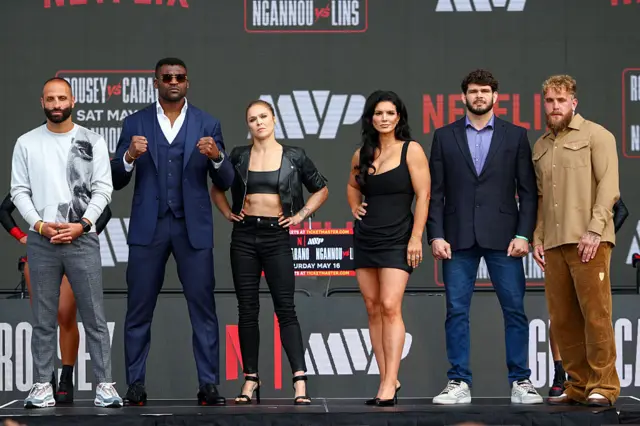 Francisa Ngannou, Ronda Rousey, Gina Carano, Philipe Lins and Jake Paul on stage