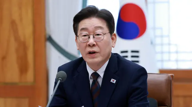 South Korean President Lee Jae Myung speaking at a cabinet meeting discussing the war in the Middle East
