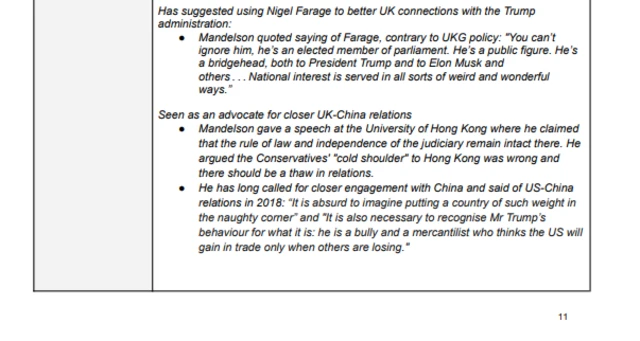 Screen grab of 'due diligence report' sent to the prime minister about Mandelson, where the writer suggests Mandelson has encouraged the UK to use Nigel Farage for better UK connections with Trump administration
