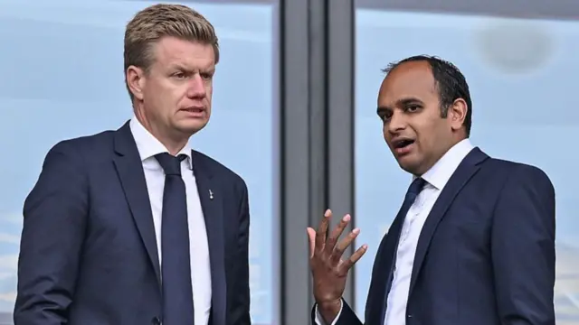 Johan Lange, Tottenham's technical director, left, and Spurs' chief executive officer Vinai Venkatesham