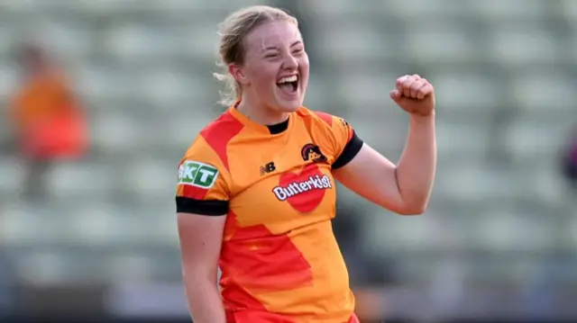 Charis Pavely of Birmingham Phoenix celebrates dismissing Nat Sciver-Brunt of Trent Rockets