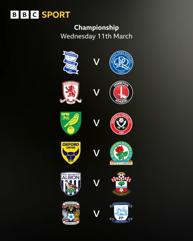 Championship fixtures on Wednesday 11 March: Birmingham v QPR, Middlesbrough v Charlton, Norwich v Sheff Utd, Oxford v Blackburn, West Brom v Southampton, Coventry v Preston