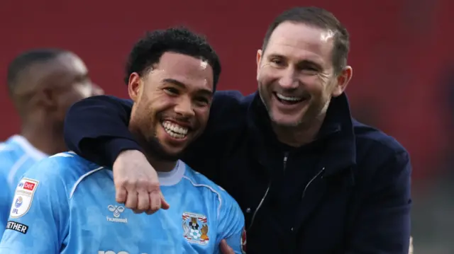 Coventry boss Frank Lampard celebrates with Milan van Ewijk after the 2-0 win at Bristol City