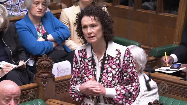Wendy Chamberlain MP is wearing a pink and white flowered dress and speaking in the House of Commons