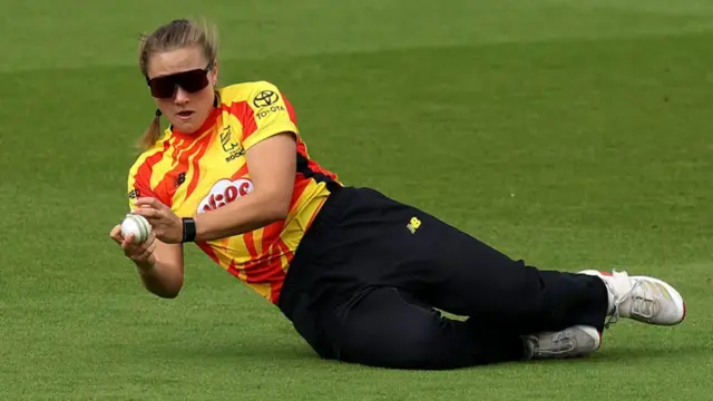 Cassidy McCarthy of Trent Rockets takes the catch to dismiss Jo Gardner of Oval Invincibles
