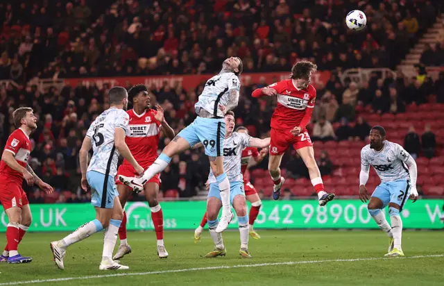 Leo Castledine of Middlesbrough heads a chance over the bar
