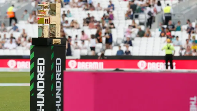 The winner's trophy is pictured ahead of the inaugural match of the new cricket format, The Hundred p