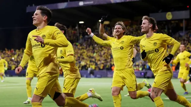 Sondre Fet wheels away after opening the scoring