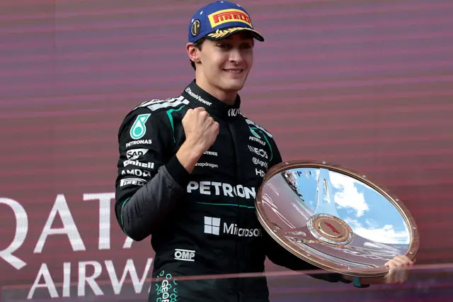 George Russell holds his Australian Grand Prix trophy on the podium
