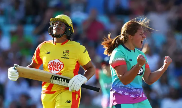Nadine De Klerk of Oval Invincibles Women celebrates the wicket of Naomi Dattani
