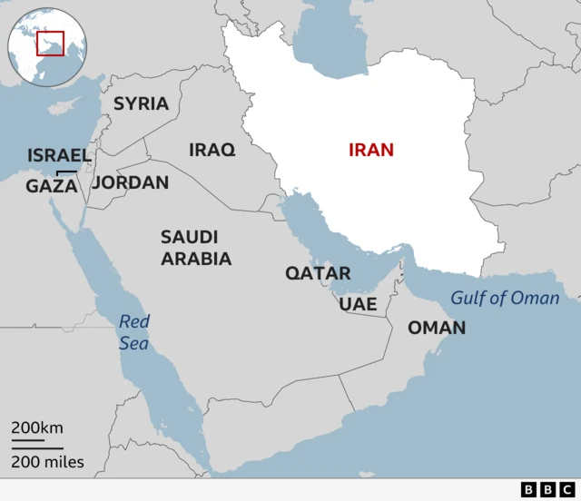 The map shows Iran and countries in the wider Middle East region including Saudi Arabia, Iraq, Jordan and Israel.