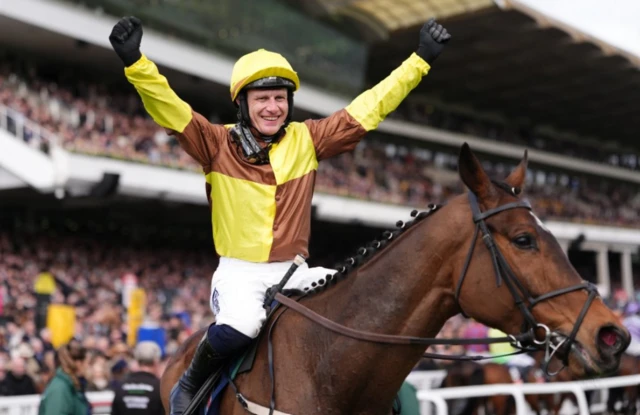 Jockey Paul Townend celebrates on King Rasko Grey