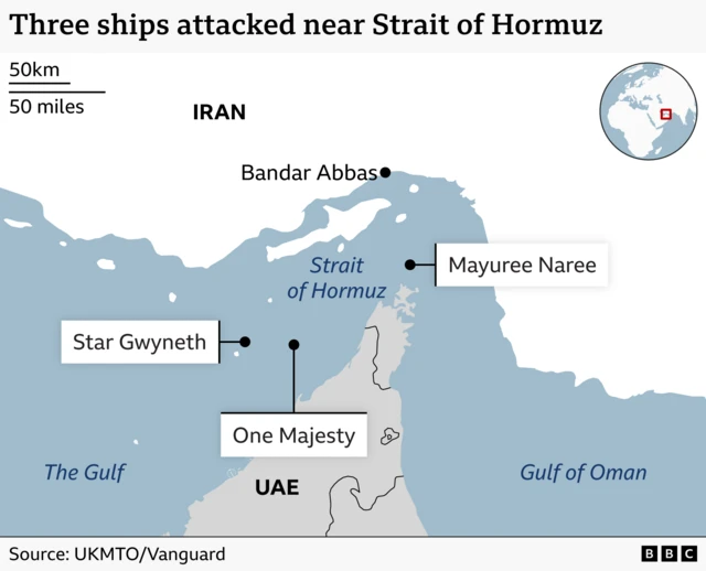 Map of the three attacks. Star Gwyneth and One Majesty are marked to the north-west of the Strait of Hormuz inside the Gulf between UAE and Iran. Mayuree Naree is marked to the north of Oman inside the strait.