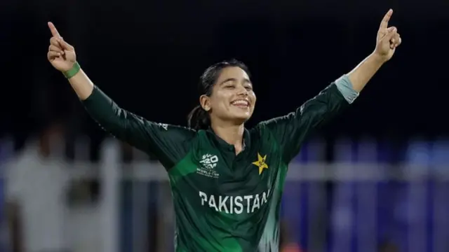 Fatima Sana of Pakistan celebrates after taking the wicket of Sachini Nisansala of Sri Lanka during the ICC Women's T20 World Cup 2024