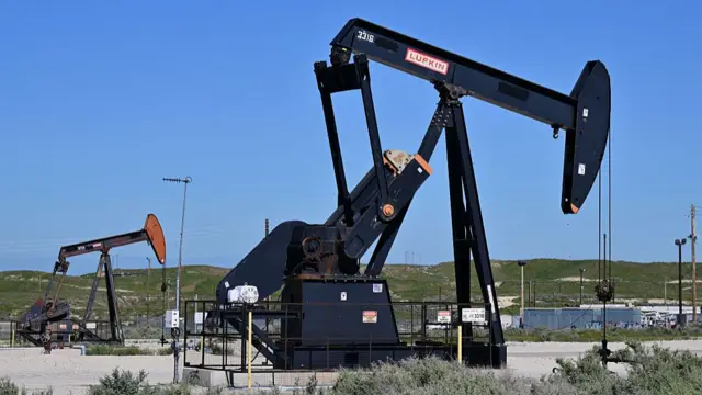 Pumpjacks work the wells operated by Chevron at Midway-Sunset field near Fellows, north of Taft, in Kern County, California