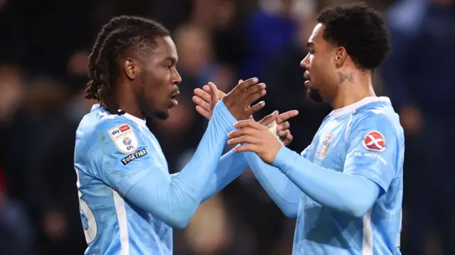 Brandon Thomas-Asante celebrates scoring for Coventry in the 3-0 win over Preston