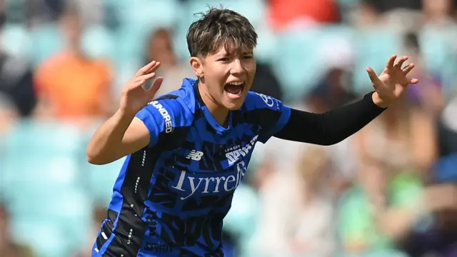 Issy Wong of London Spirit reacts