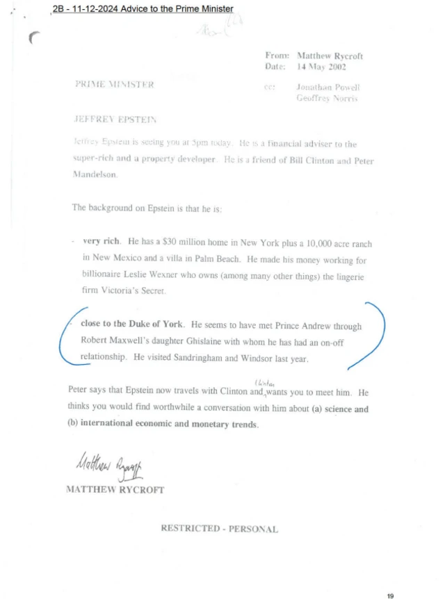 A letter to the prime minister from Matthew Rycroft on Epstein