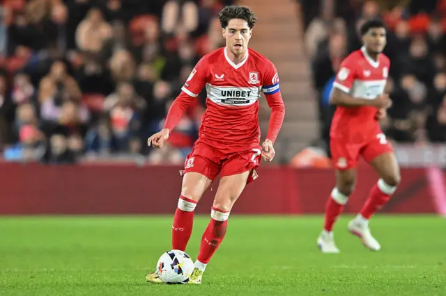 Hayden Hackney of Middlesbrough dribbles with the ball