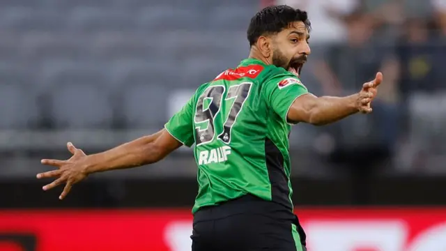: Haris Rauf of the Stars appeals for a wicket during the BBL match between Perth Scorchers and Melbourne Stars