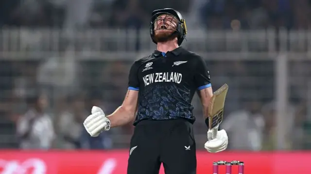 Finn Allen of New Zealand celebrates reaching his century to win the ICC Men's T20 World Cup India & Sri Lanka 2026 Semi-Final match