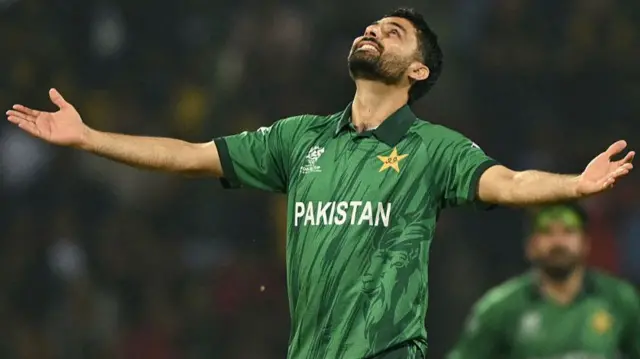 Pakistan's Abrar Ahmed celebrates after taking the wicket of Sri Lanka's Charith Asalanka