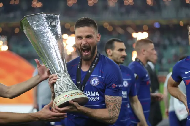 Olivier Giroud with the Europa League trophy