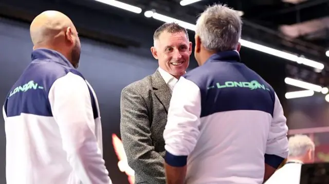 Michael Hussey, Head Coach of Welsh Fire interacts with MI London staff