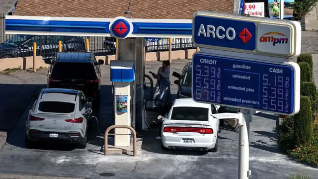 An aerial view of an Arco station with fuel, prices over $5 a gallon on 11 March in Los Angeles