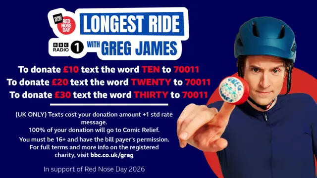 Blue graphic reading: To donate £10 text the word TEN to 70011. To donate £20 text the word TWENTY to 70011. To donate £30 text the word THIRTY to 70011. (UK ONLY) Texts cost your donation amount +1 std rate message. 100% of your donation will go to Comic Relief. You must be 16+ and have the bill payer's permission. For full terms and more info on the registered charity, visit bbc.co.uk/greg