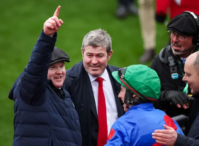 Trainer Gordon Elliott celebrates with jockey Jack Kennedy